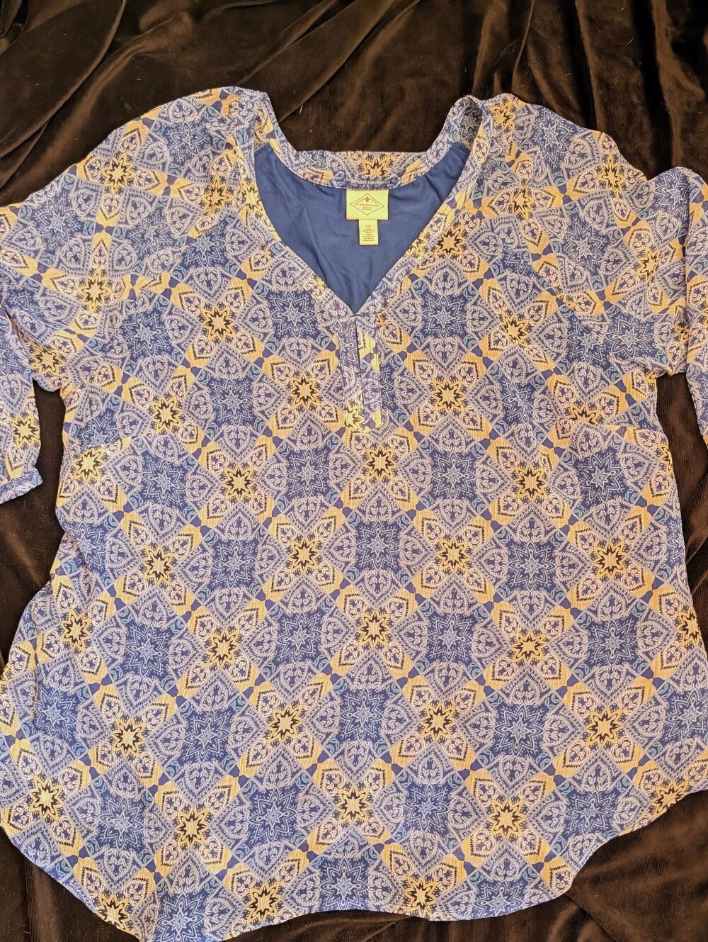 St. John's Bay Blue and Yellow Geometric V-Neck Tunic